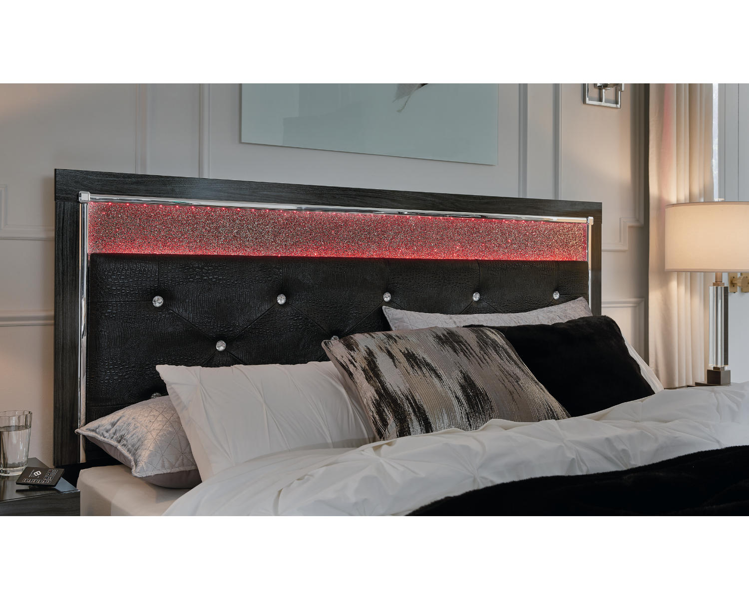 Kaydell King Upholstered Panel Storage Platform Bed, Dresser and Mirror
