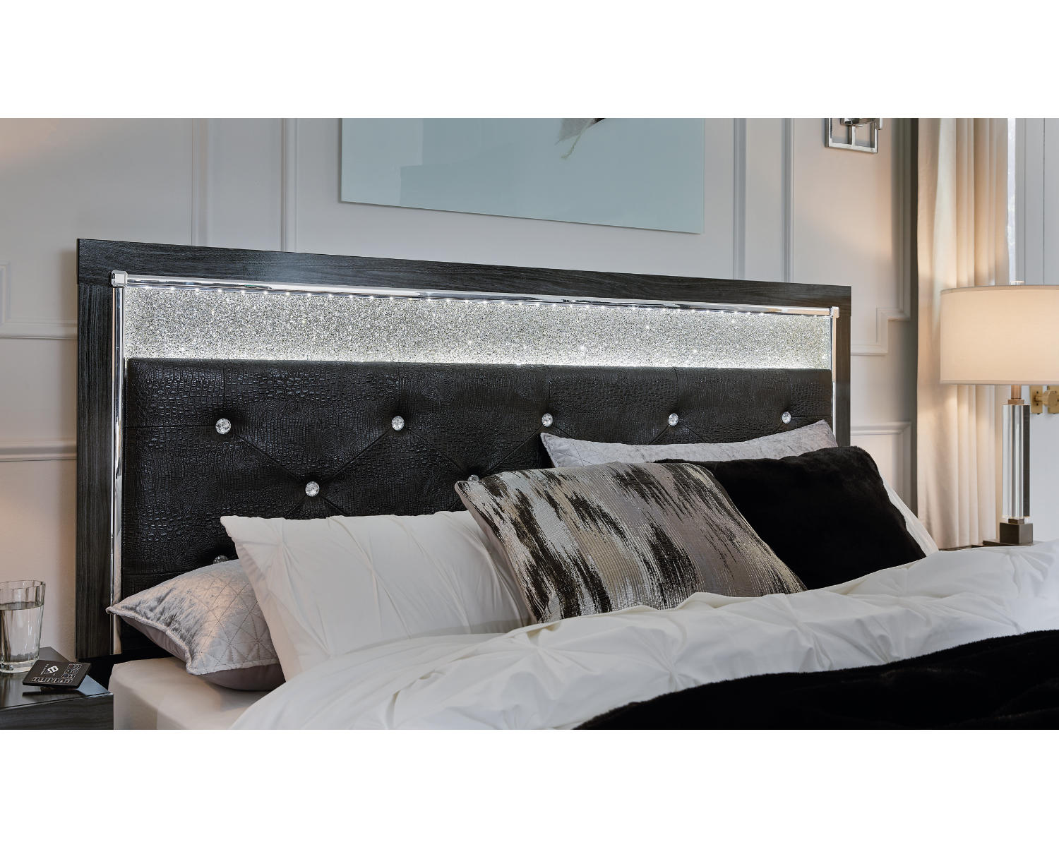 Kaydell King Upholstered Panel Storage Platform Bed, Dresser and Mirror