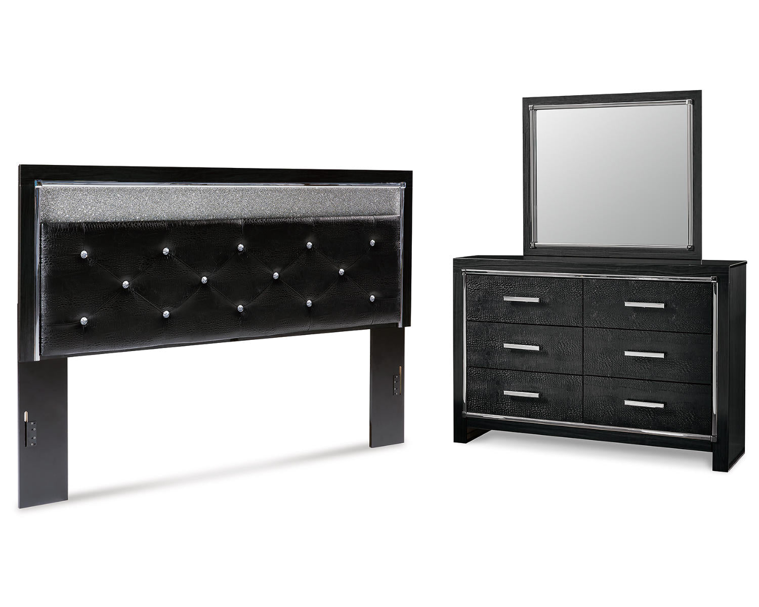 Kaydell King Upholstered Panel Headboard, Dresser and Mirror