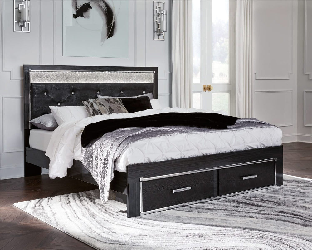 Kaydell King Upholstered Panel Storage Bed, Dresser and Mirror