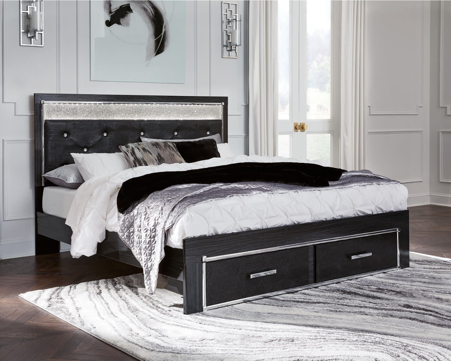 Kaydell King Upholstered Panel Storage Bed, Dresser and Mirror
