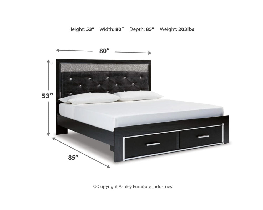 Kaydell King Upholstered Panel Storage Bed, Dresser and Mirror