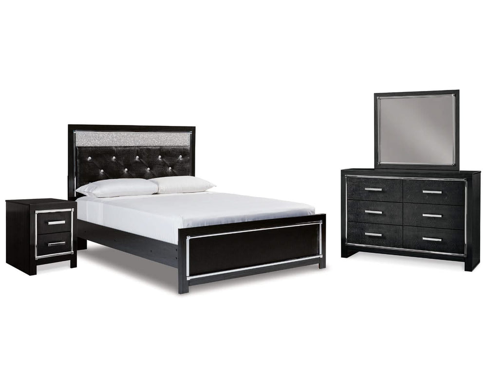Kaydell Queen Upholstered Panel Bed, Dresser, Mirror and Nightstand