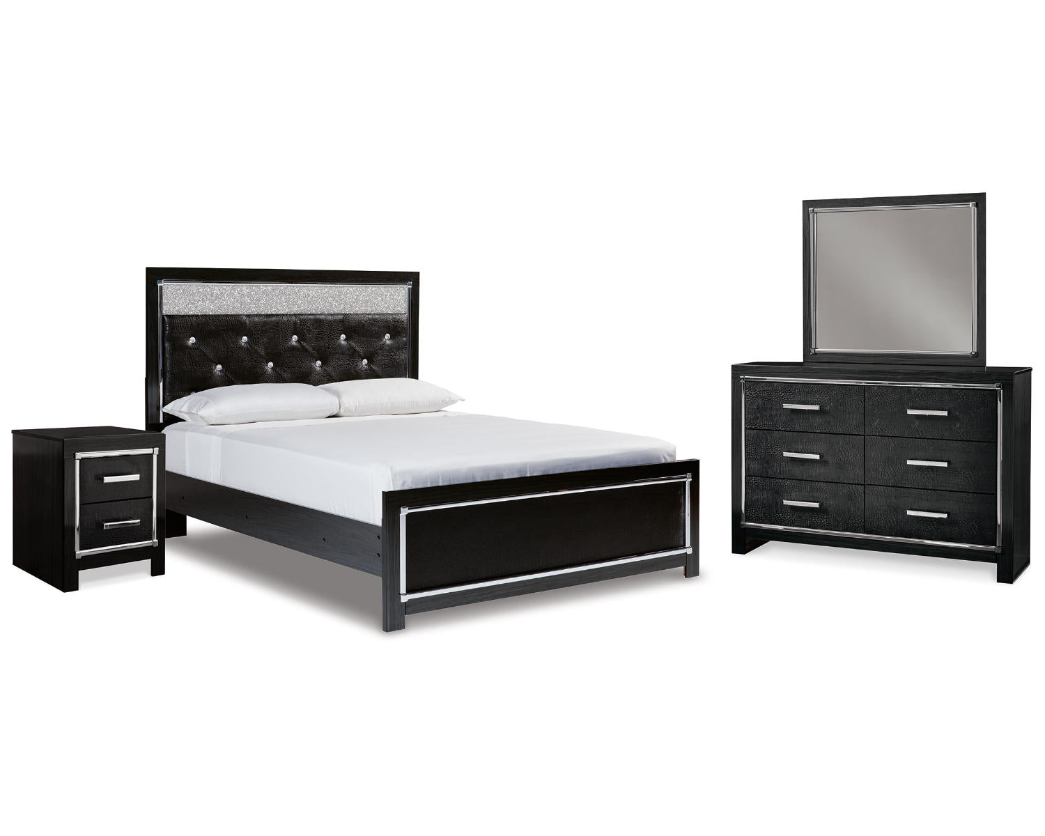Kaydell Queen Upholstered Panel Bed, Dresser, Mirror and Nightstand
