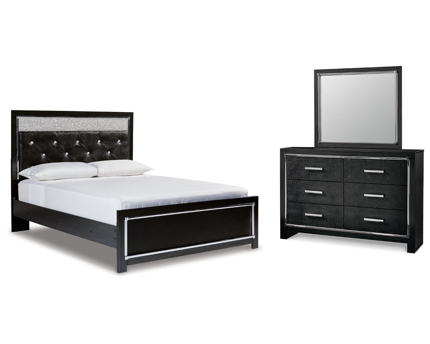 Kaydell Queen Upholstered Panel Bed, Dresser and Mirror