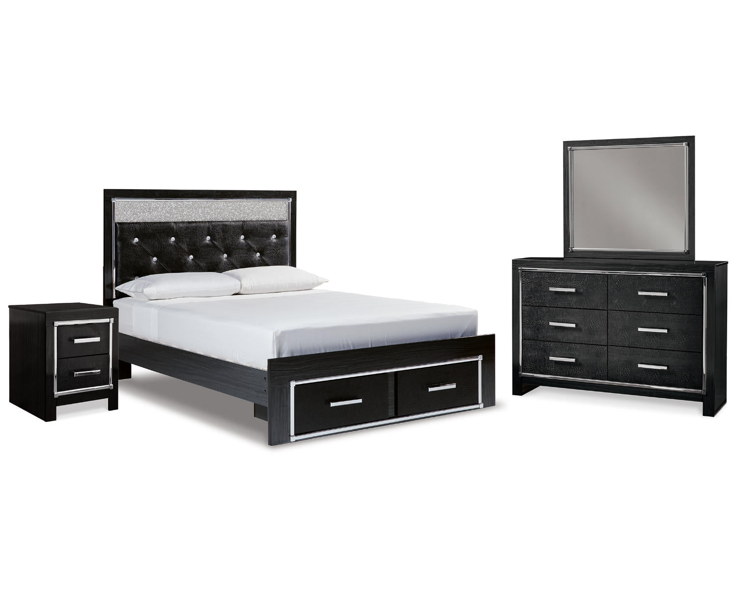 Kaydell Queen Upholstered Storage Bed, Dresser, Mirror and Nightstand