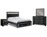 Kaydell Queen Upholstered Storage Bed, Dresser, Mirror and Nightstand