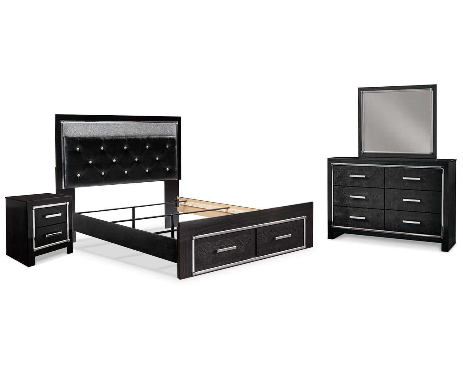 Kaydell Queen Upholstered Panel Bed, Dresser, Mirror and Nightstand