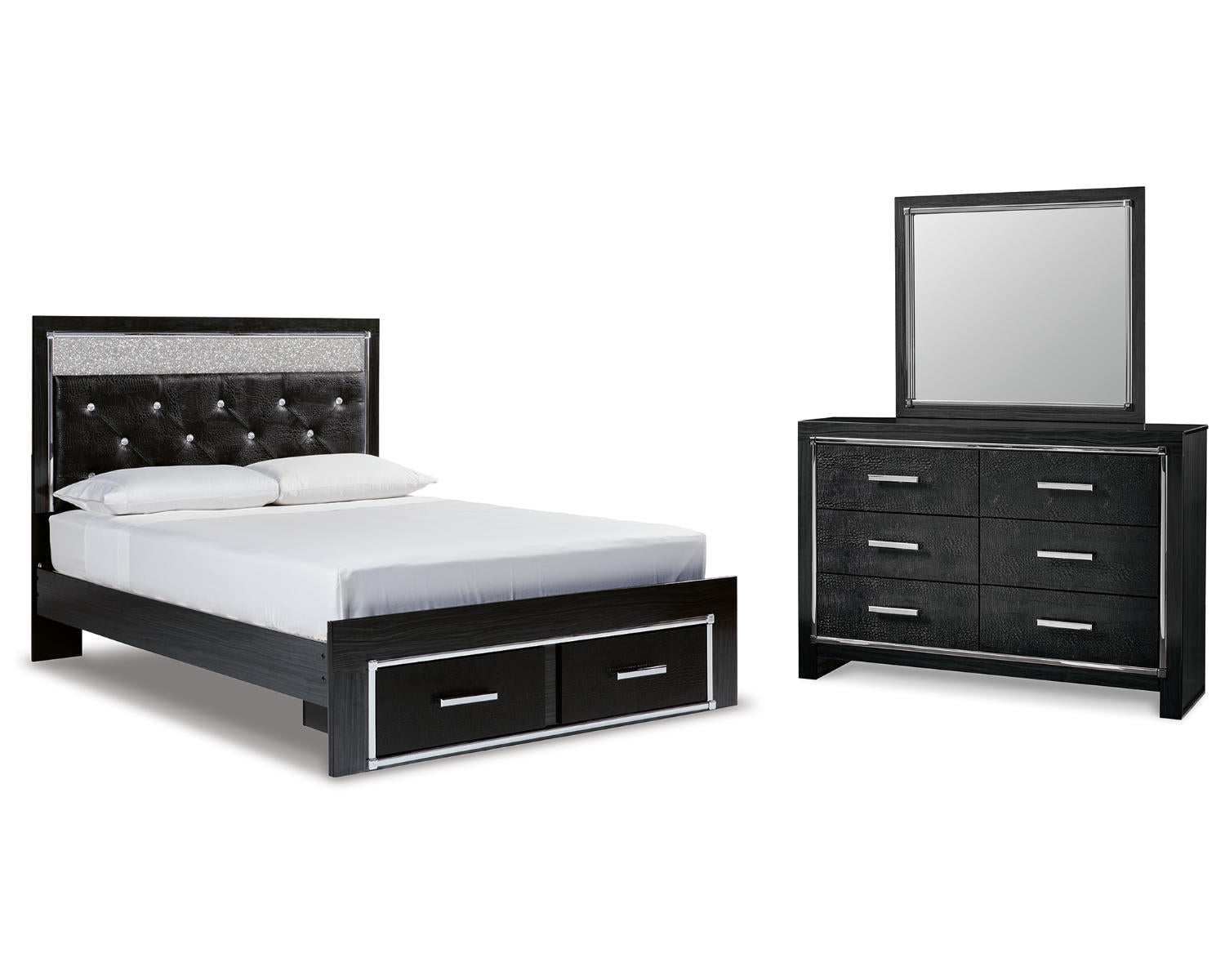 Kaydell Queen Upholstered Panel Storage Bed, Dresser and Mirror