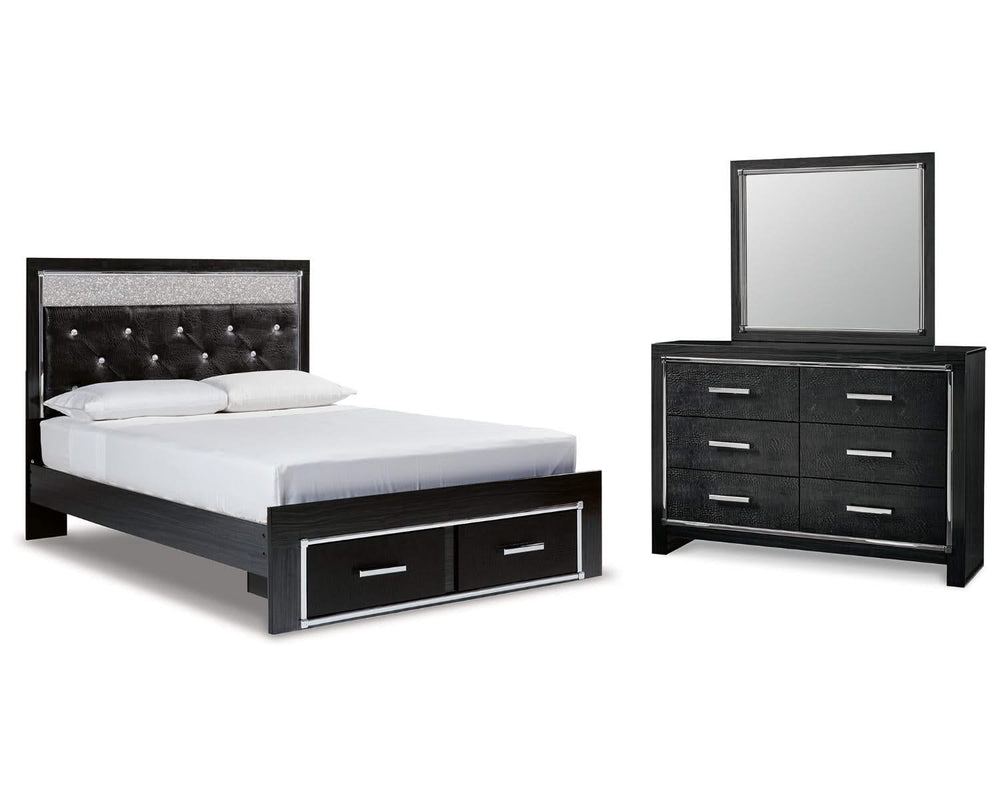 Kaydell Queen Upholstered Panel Storage Bed, Dresser and Mirror
