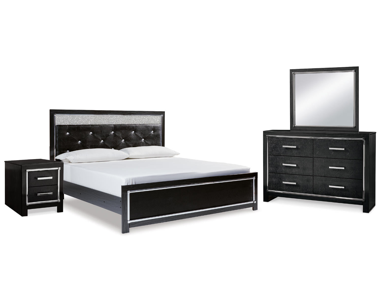 Kaydell King Upholstered Panel Bed, Dresser, Mirror and Nightstand