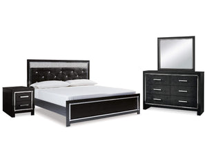 Kaydell King Upholstered Panel Bed, Dresser, Mirror and Nightstand