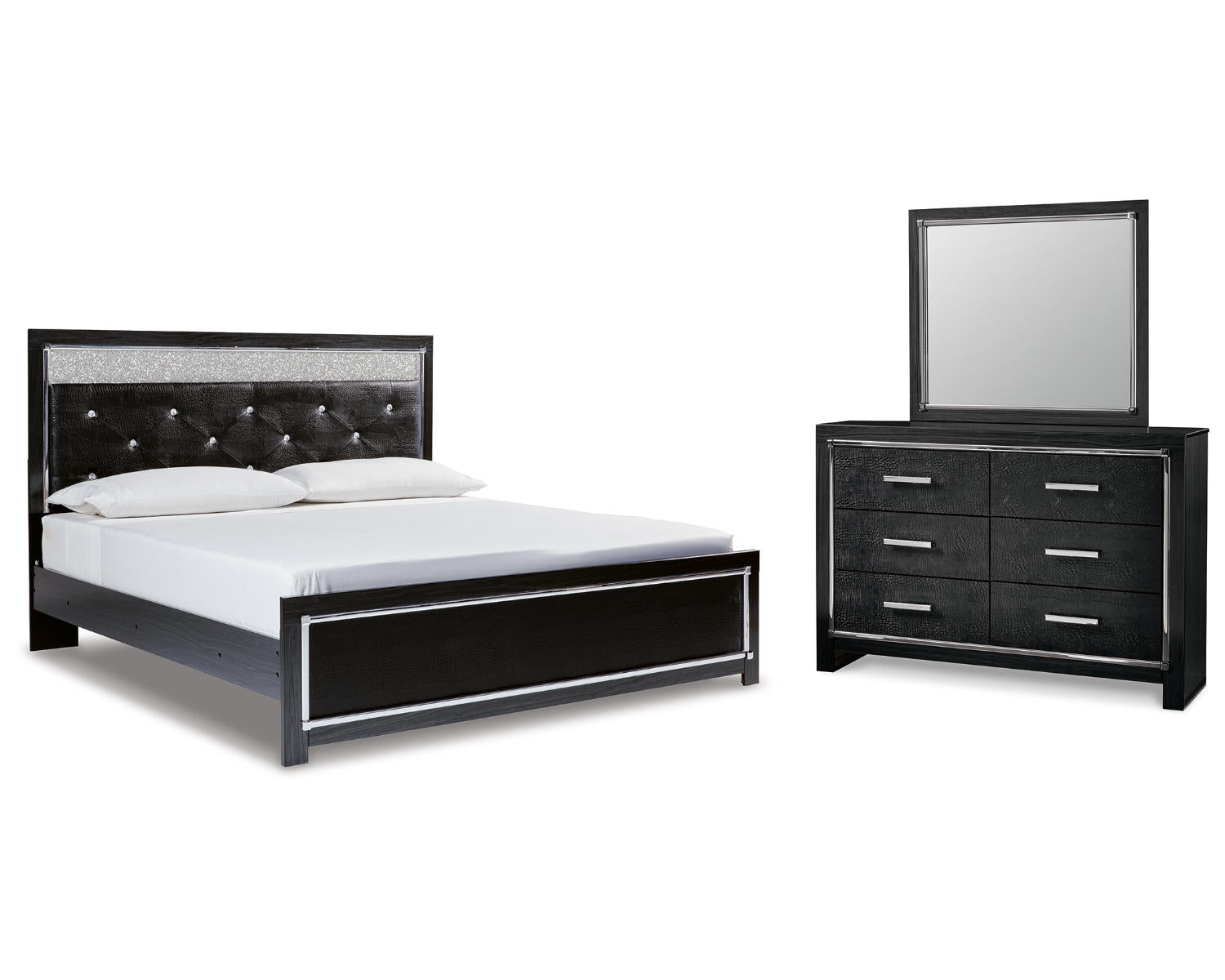 Kaydell King Upholstered Panel Platform Bed, Dresser and Mirror