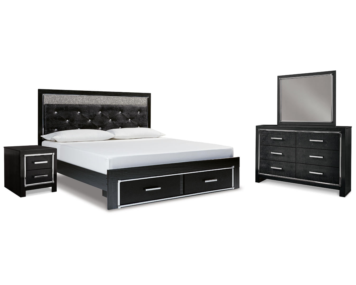 Kaydell King Panel Storage Bed, Dresser, Mirror and Nightstand
