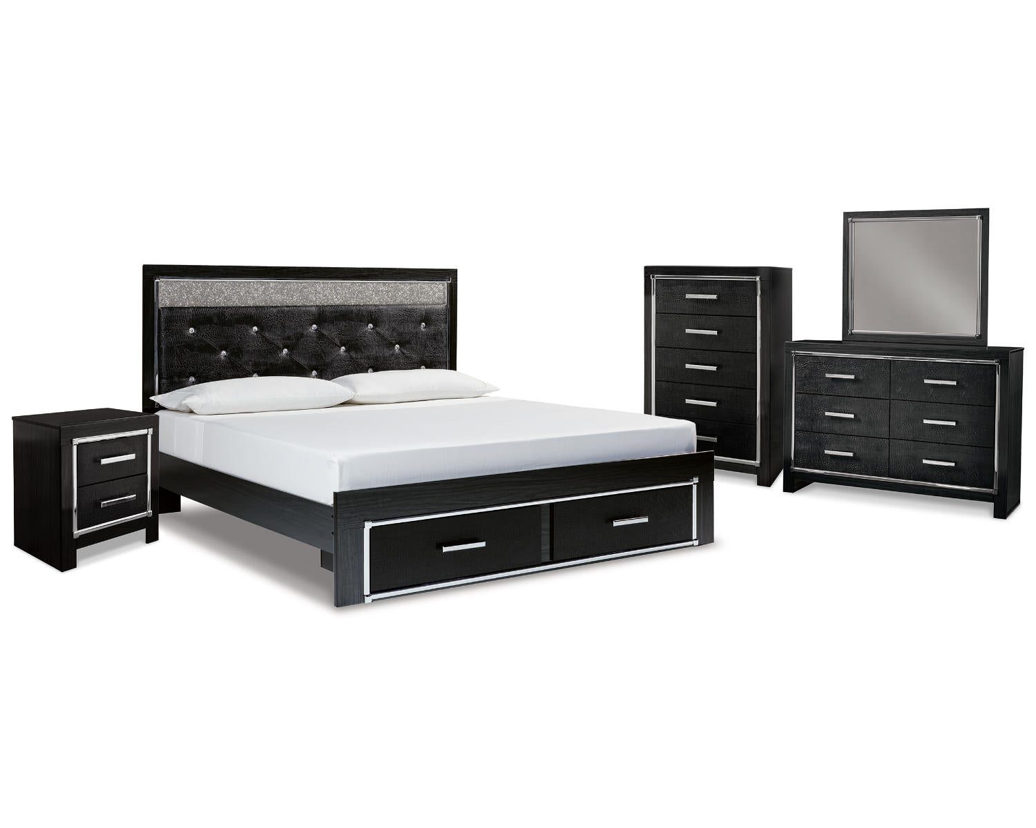 Kaydell King Panel Storage Bed, Dresser, Mirror, Chest and Nightstand