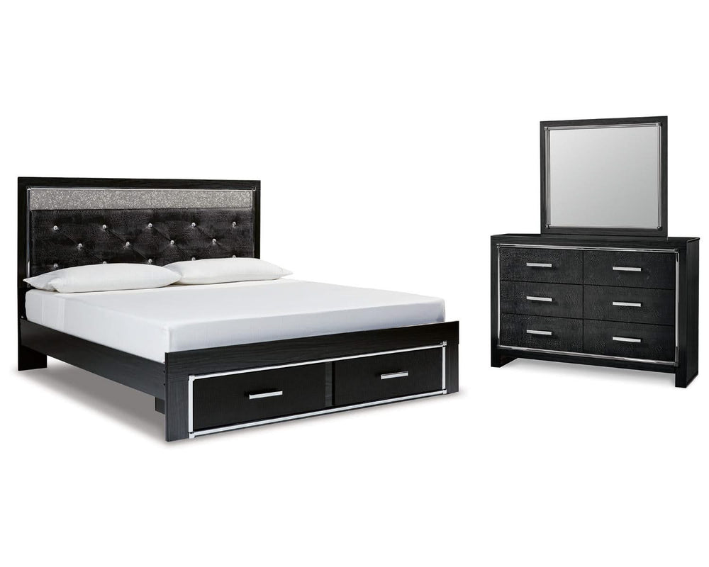 Kaydell King Upholstered Panel Storage Bed, Dresser and Mirror