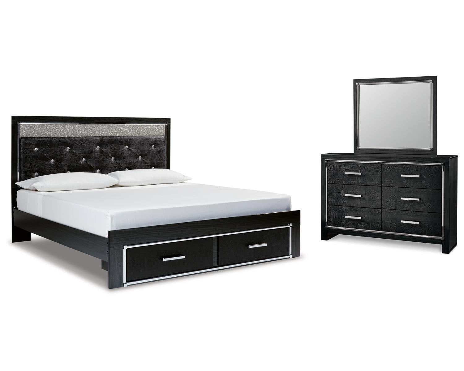 Kaydell King Upholstered Panel Storage Bed, Dresser and Mirror