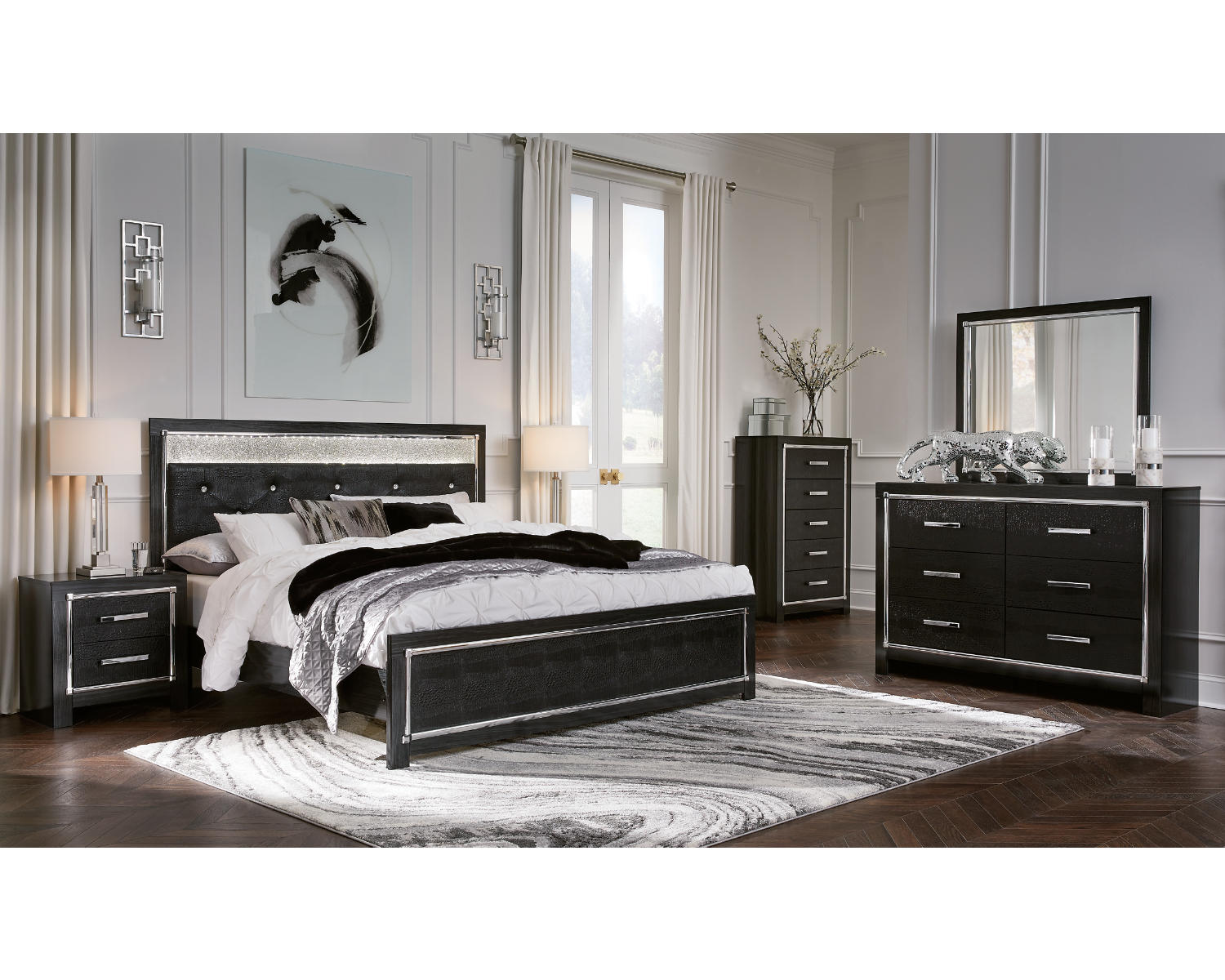 Kaydell King Upholstered Panel Bed , Dresser, Mirror, Chest and 2 Nightstands