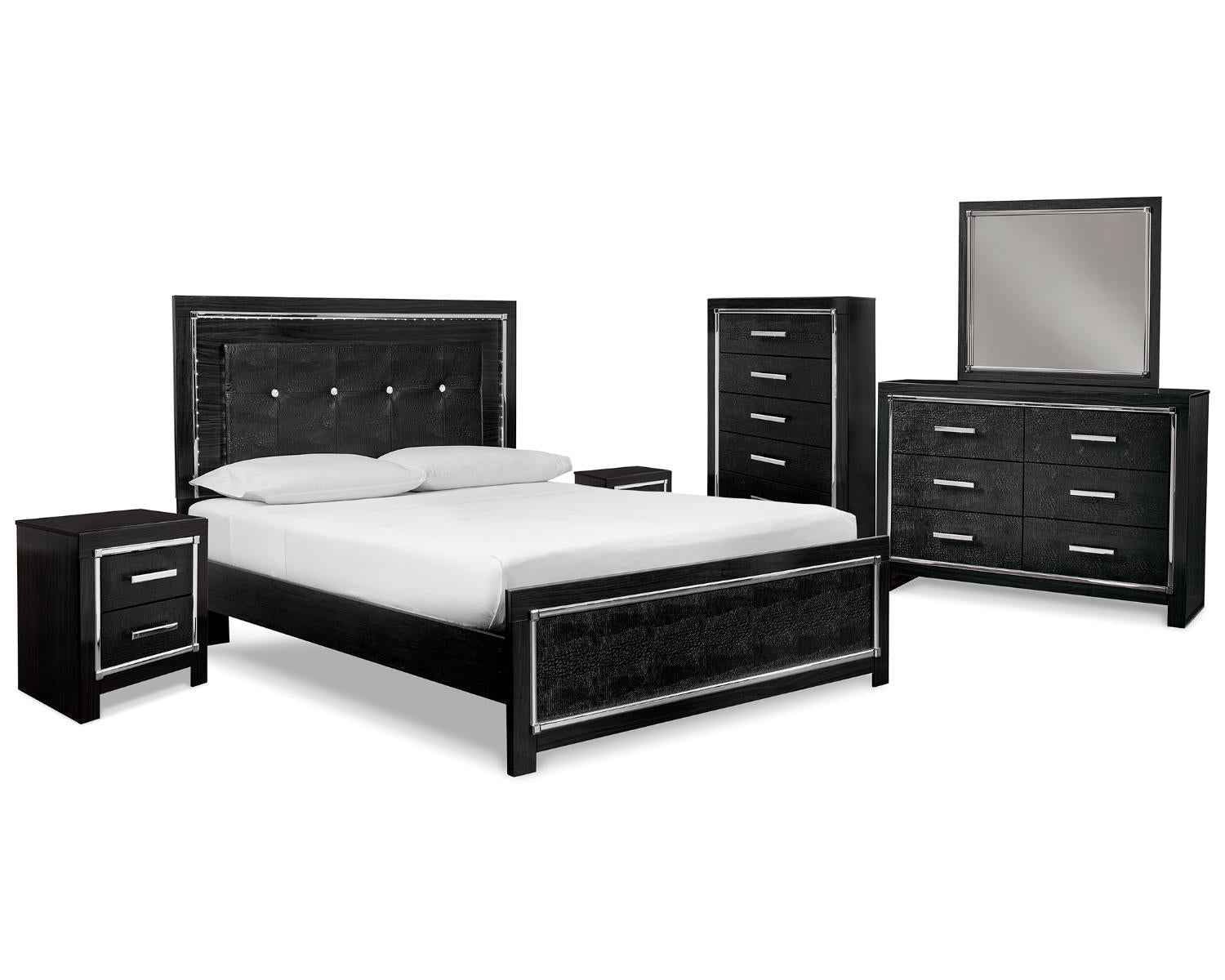 Kaydell Queen Upholstered Panel Bed, Dresser, Mirror, Chest and 2 Nightstands