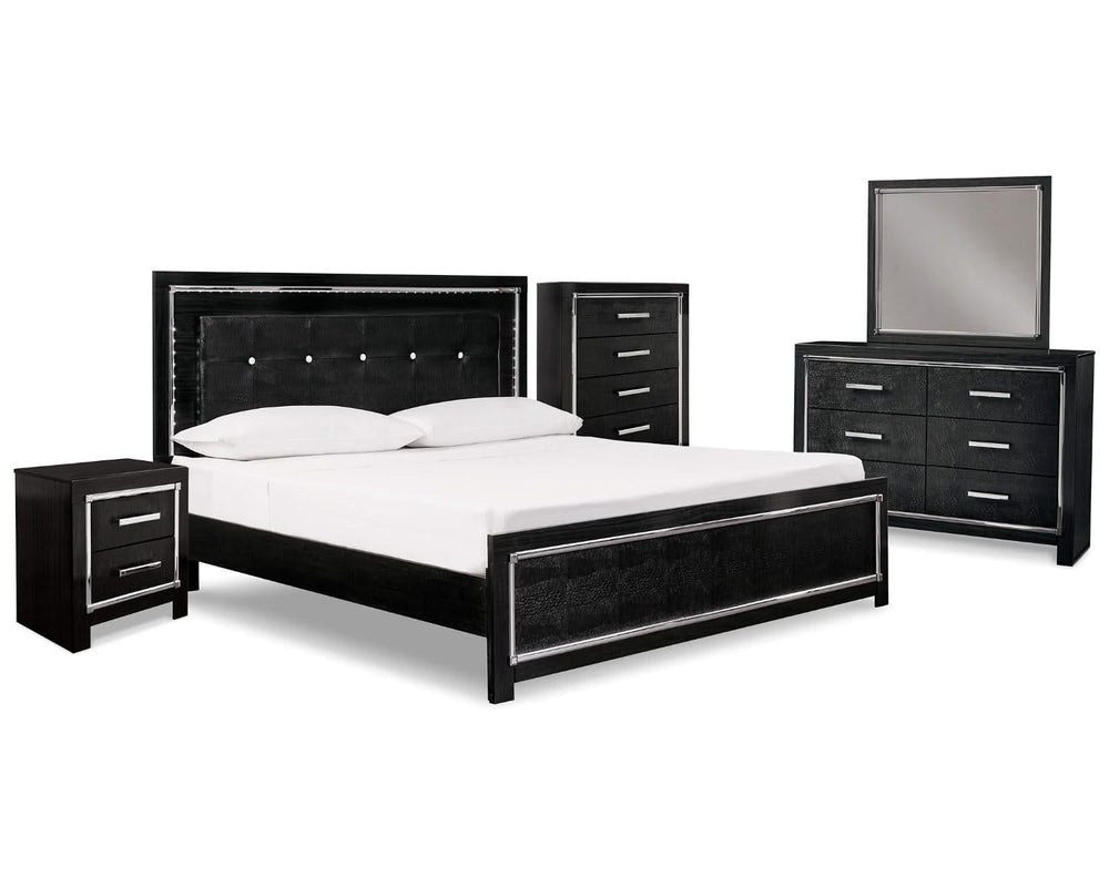 Kaydell King Upholstered Panel Bed, Dresser, Mirror, Chest and Nightstand