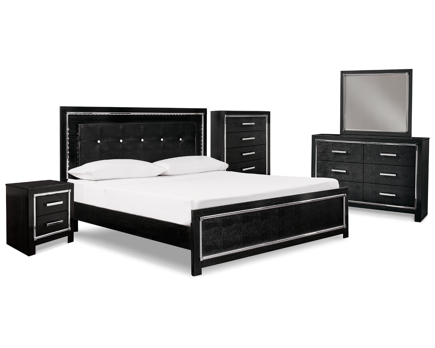 Kaydell King Upholstered Panel Bed, Dresser, Mirror, Chest and Nightstand