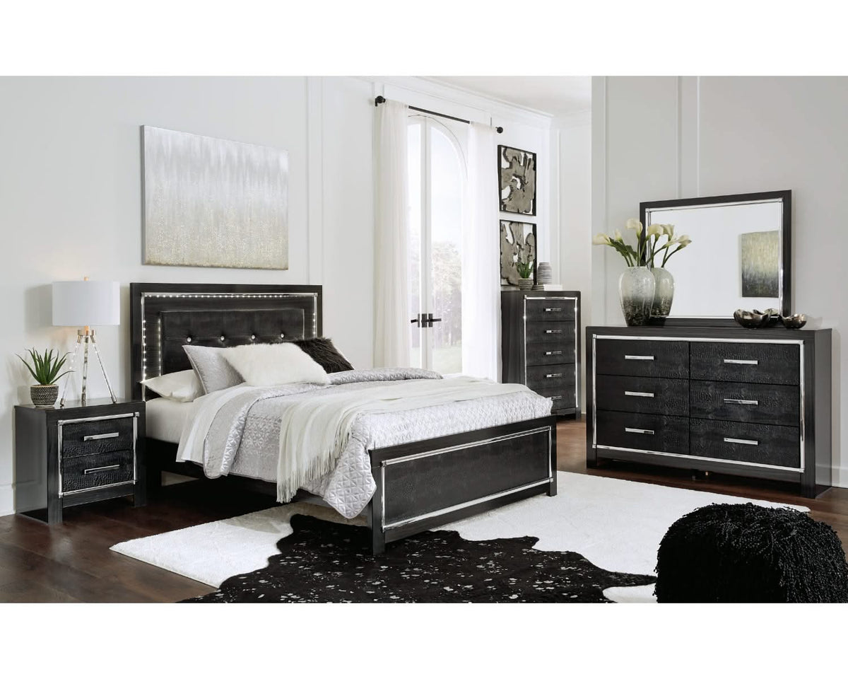 Cama tamaño queen Kaydell con paneles, tocador, espejo, cómoda y mesita de noche