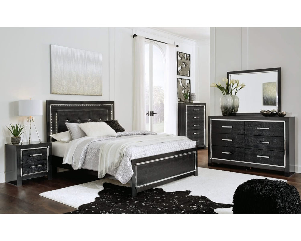 Cama tamaño queen Kaydell con paneles, tocador, espejo, cómoda y mesita de noche