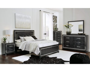 Cama tamaño queen Kaydell con paneles, tocador, espejo, cómoda y mesita de noche