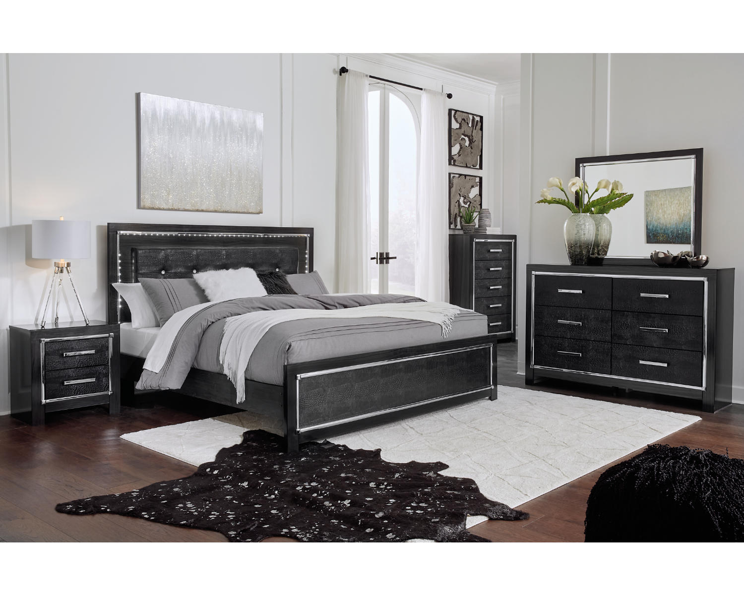 Kaydell King Upholstered Panel Bed, Dresser and Mirror