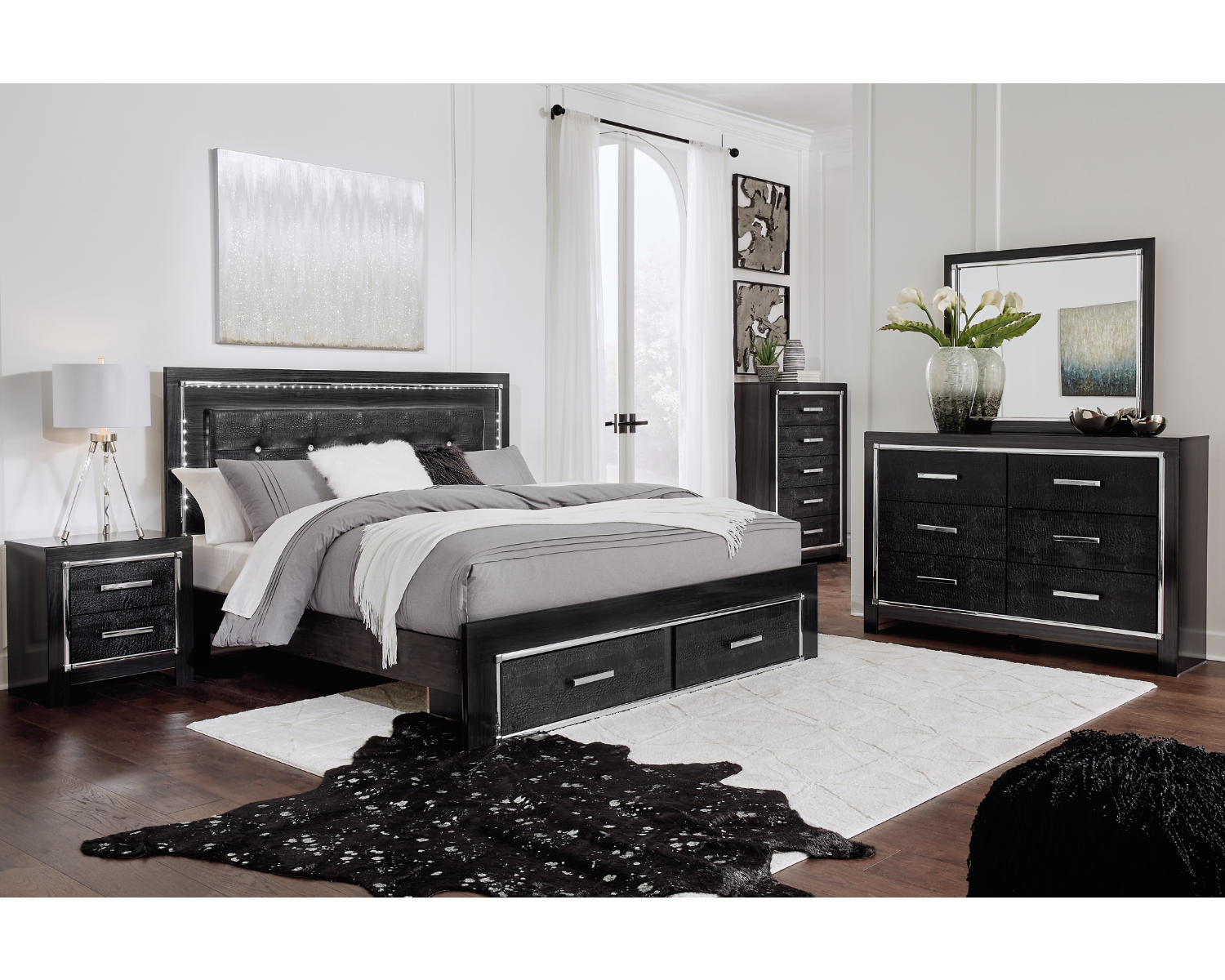 Kaydell King Upholstered Storage Bed, Dresser, Mirror, Chest and 2 Nightstands