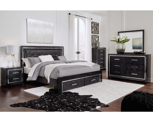 Cama tapizada Kaydell King con almacenaje, tocador, espejo, cómoda y dos mesitas de noche