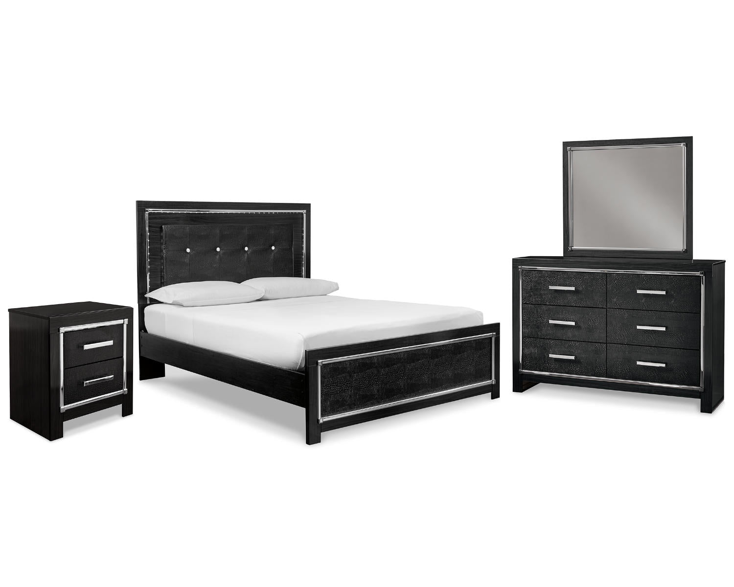 Kaydell Queen Upholstered Panel Bed, Dresser, Mirror, and Nightstand