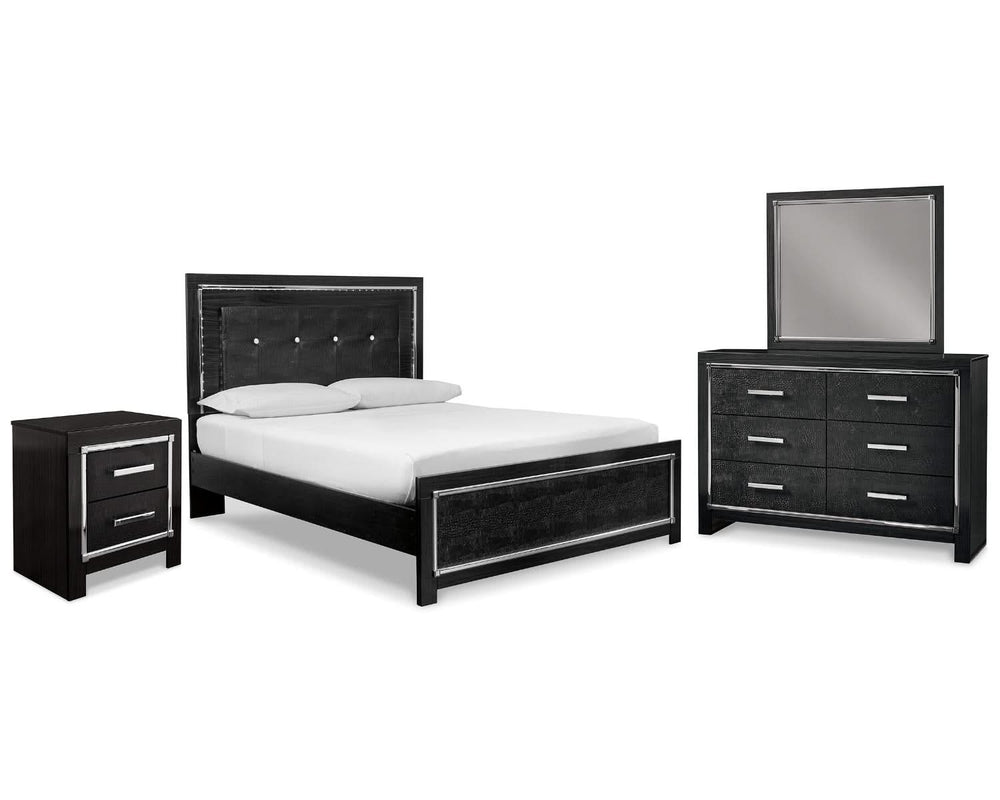 Kaydell Queen Upholstered Panel Bed, Dresser, Mirror, and Nightstand