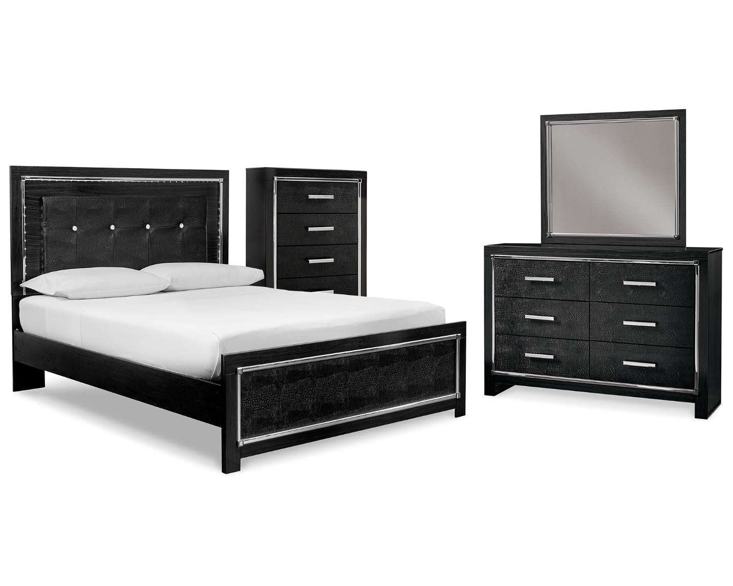 Kaydell Queen Upholstered Panel Bed, Dresser, Mirror and Chest