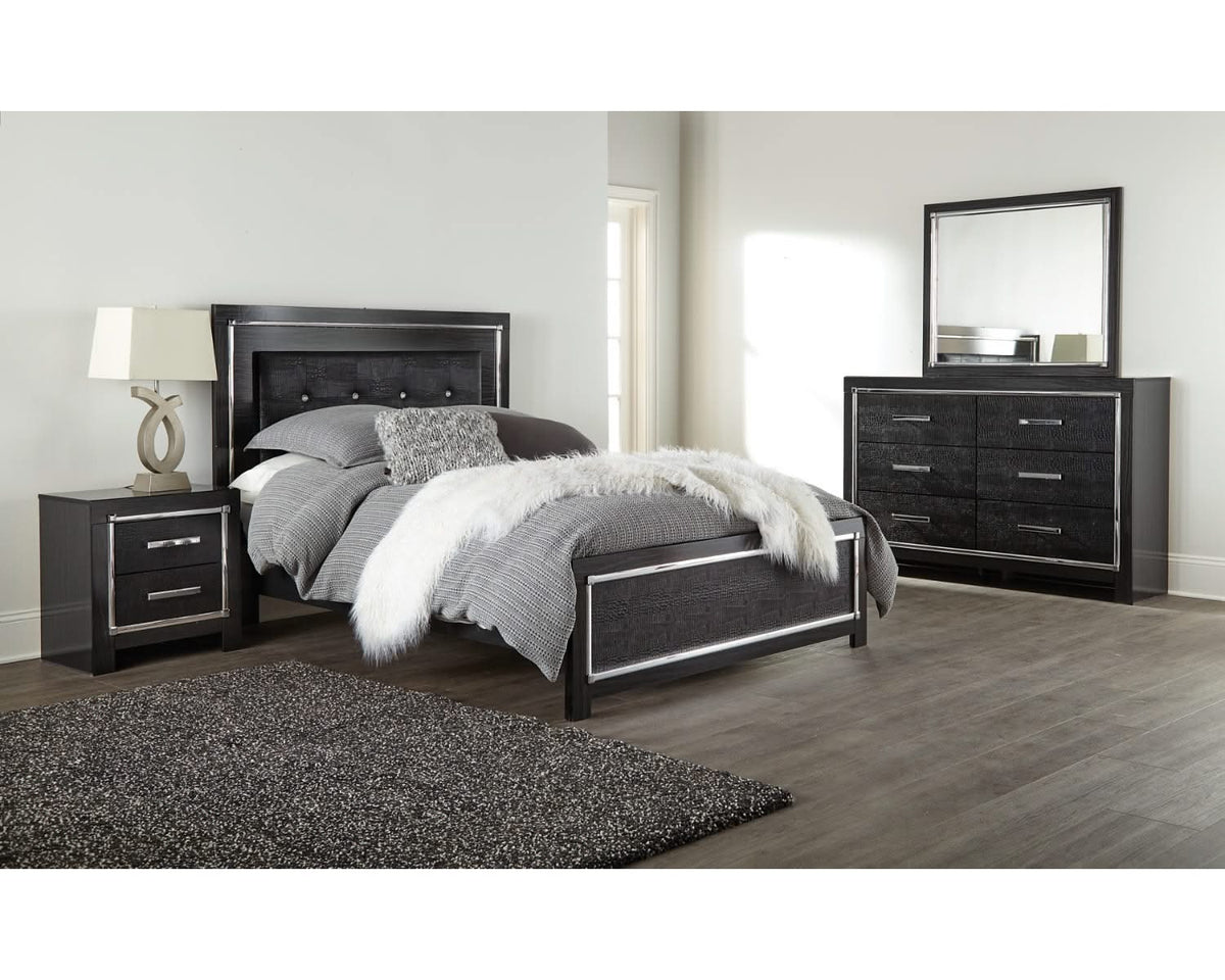 Kaydell Queen Upholstered Panel Bed, Dresser and Mirror