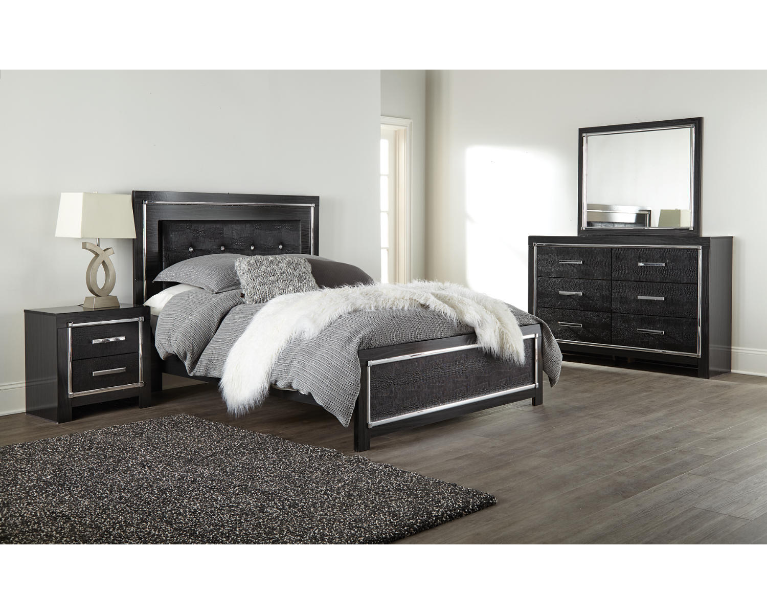 Kaydell Queen Upholstered Panel Bed, Dresser and Mirror