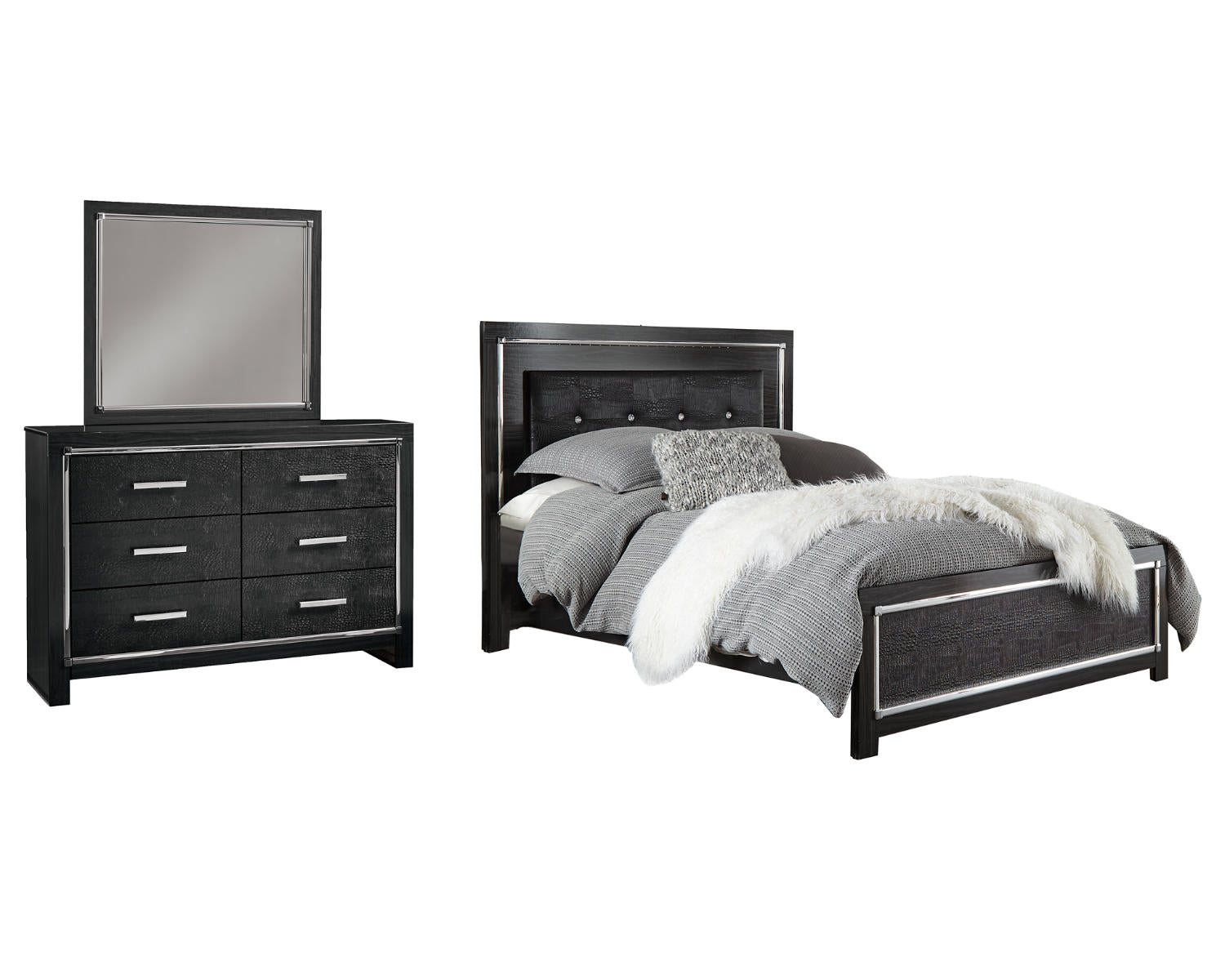 Kaydell Queen Upholstered Panel Bed, Dresser and Mirror
