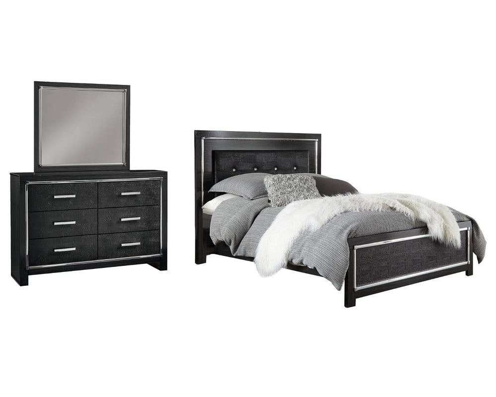 Kaydell Queen Upholstered Panel Bed, Dresser and Mirror