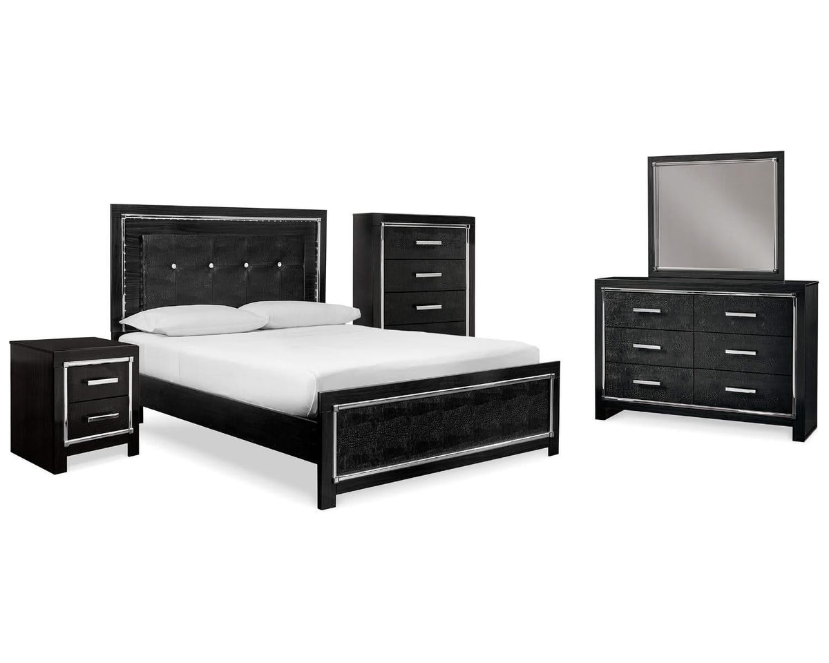 Cama tamaño queen Kaydell con paneles, tocador, espejo, cómoda y mesita de noche