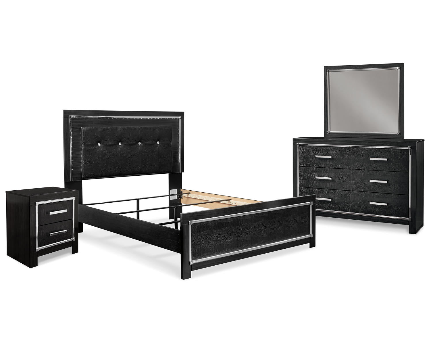 Kaydell Queen Upholstered Panel Bed, Dresser, Mirror and Nightstand