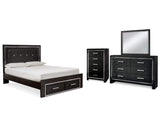 Cama Queen tapizada Kaydell con paneles, tocador, espejo y cómoda