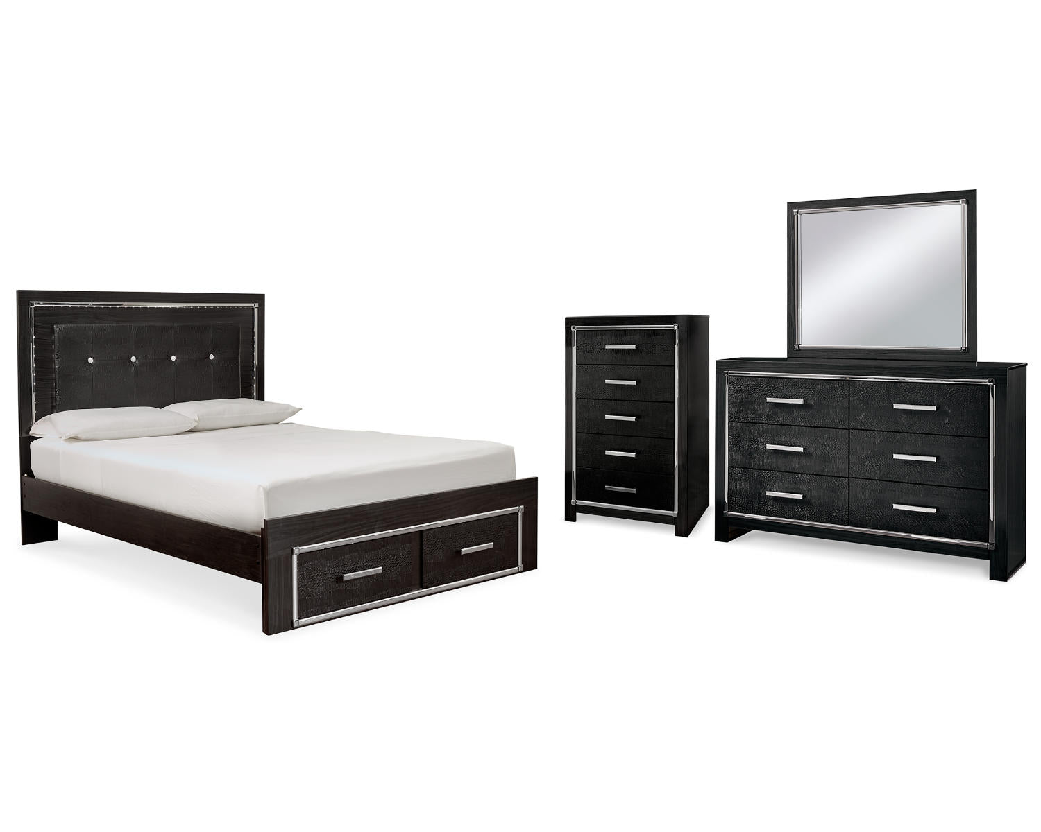 Kaydell Queen Upholstered Panel Bed, Dresser, Mirror and Chest