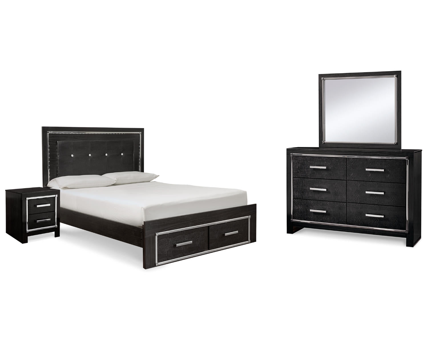 Kaydell Queen Panel Storage Bed, Dresser, Mirror and Nightstand