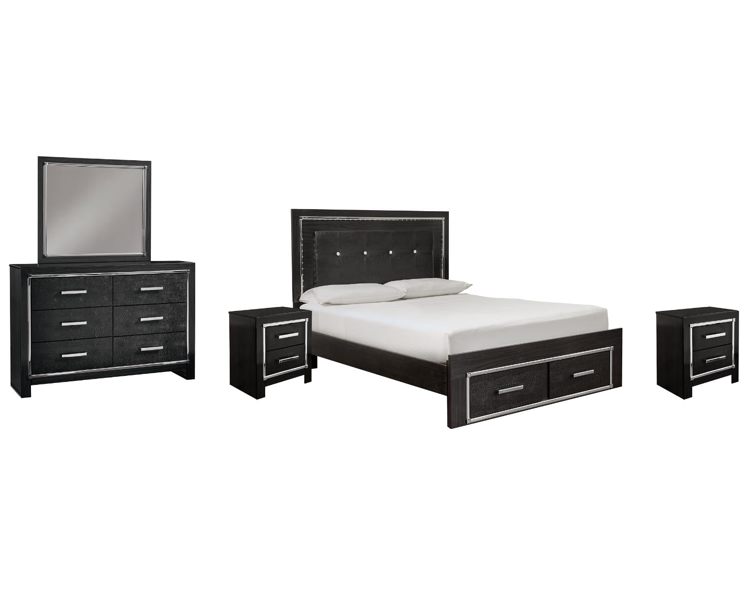 Kaydell Queen Upholstered Panel Storage Bed, Dresser, Mirror and 2 Nightstands