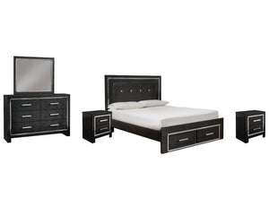 Kaydell Queen Upholstered Panel Storage Bed, Dresser, Mirror and 2 Nightstands