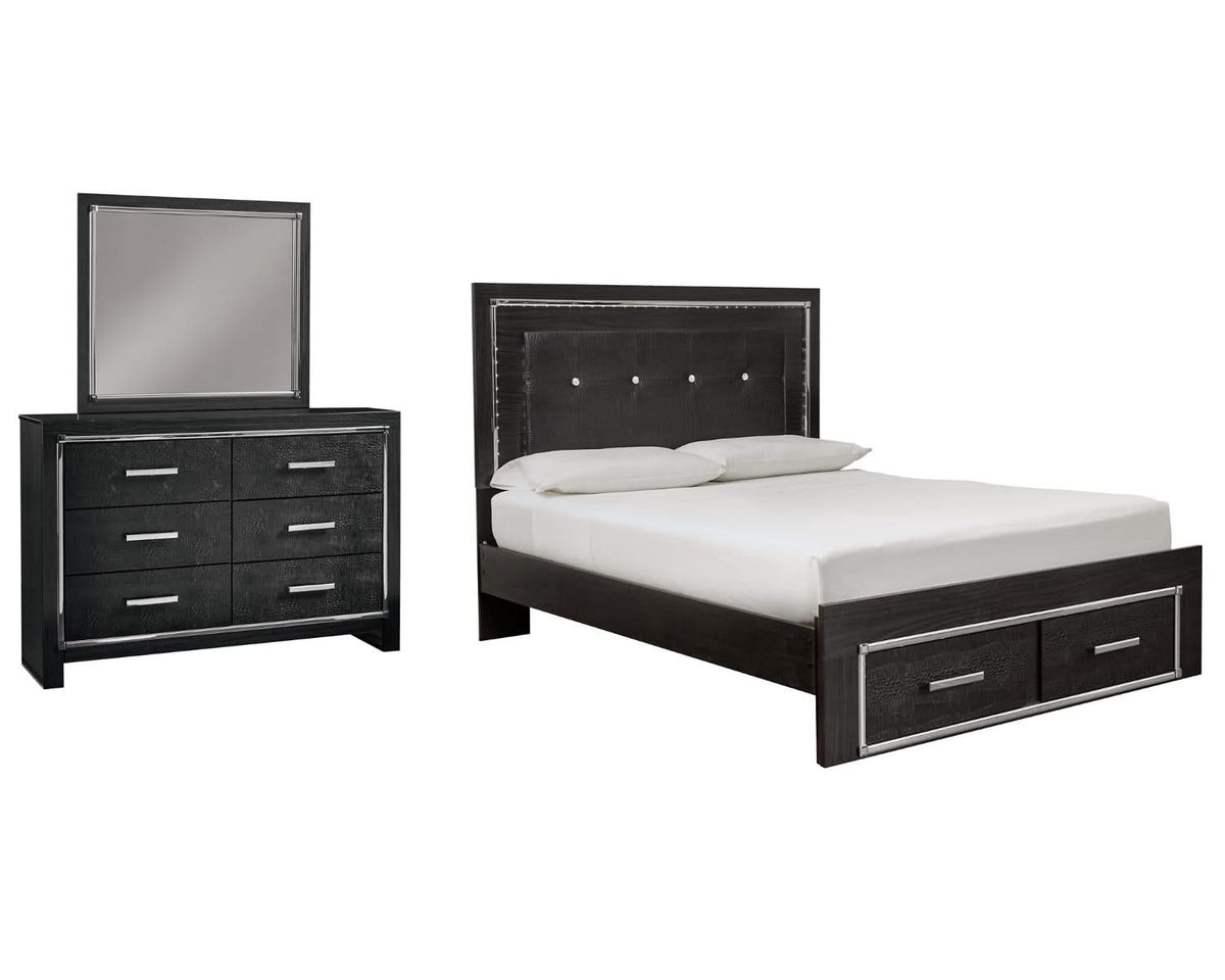 Cama Kaydell Queen con paneles, espacio de almacenamiento, tocador y espejo