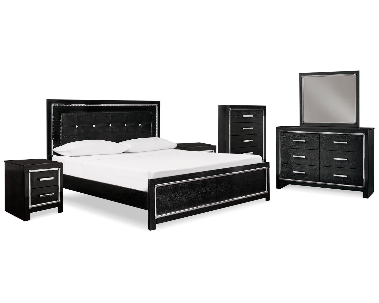Kaydell King Upholstered Panel Bed , Dresser, Mirror, Chest and 2 Nightstands