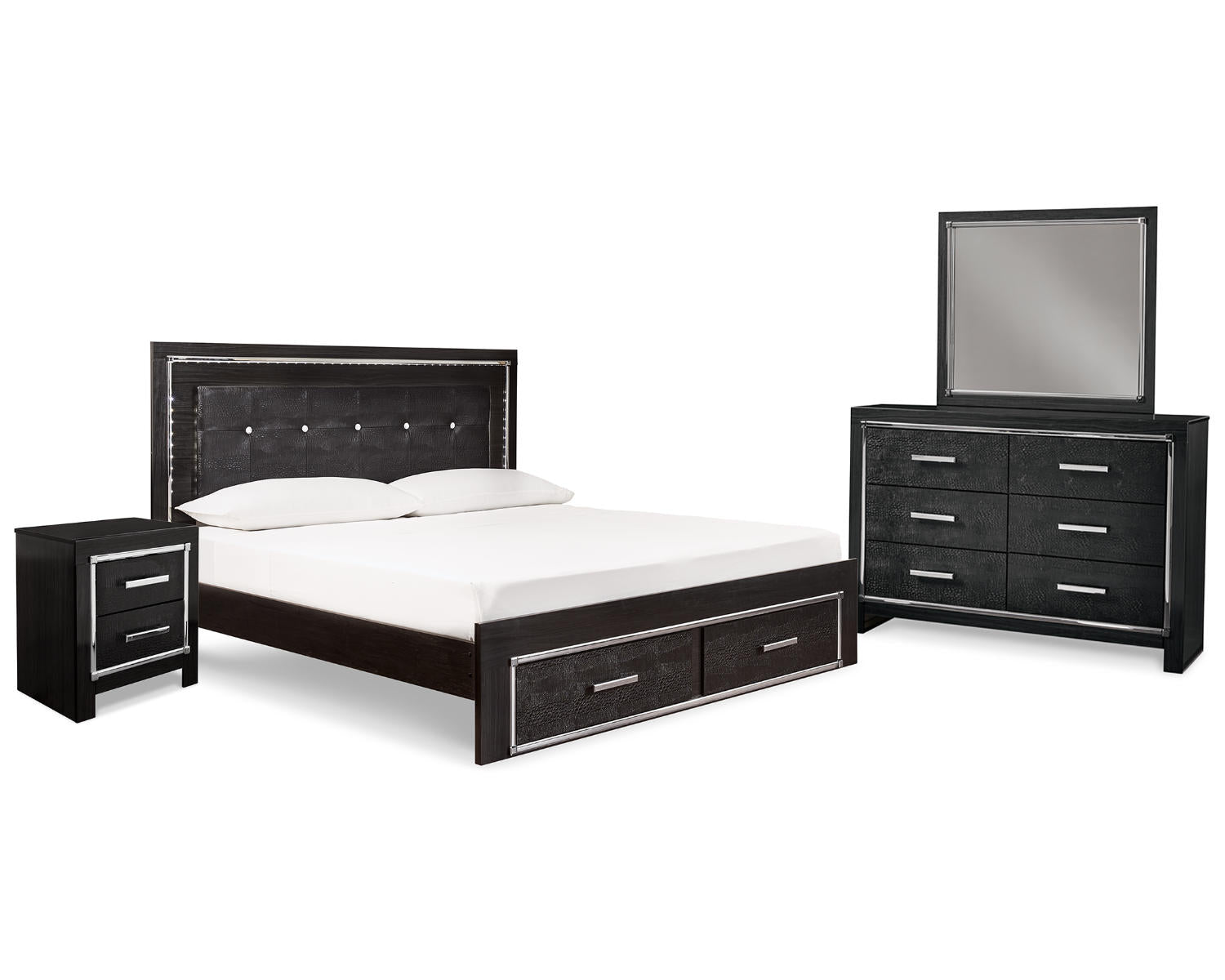 Kaydell King Upholstered Panel Bed, Dresser, Mirror and Nightstand