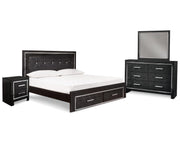 Kaydell King Upholstered Panel Bed, Dresser, Mirror and Nightstand