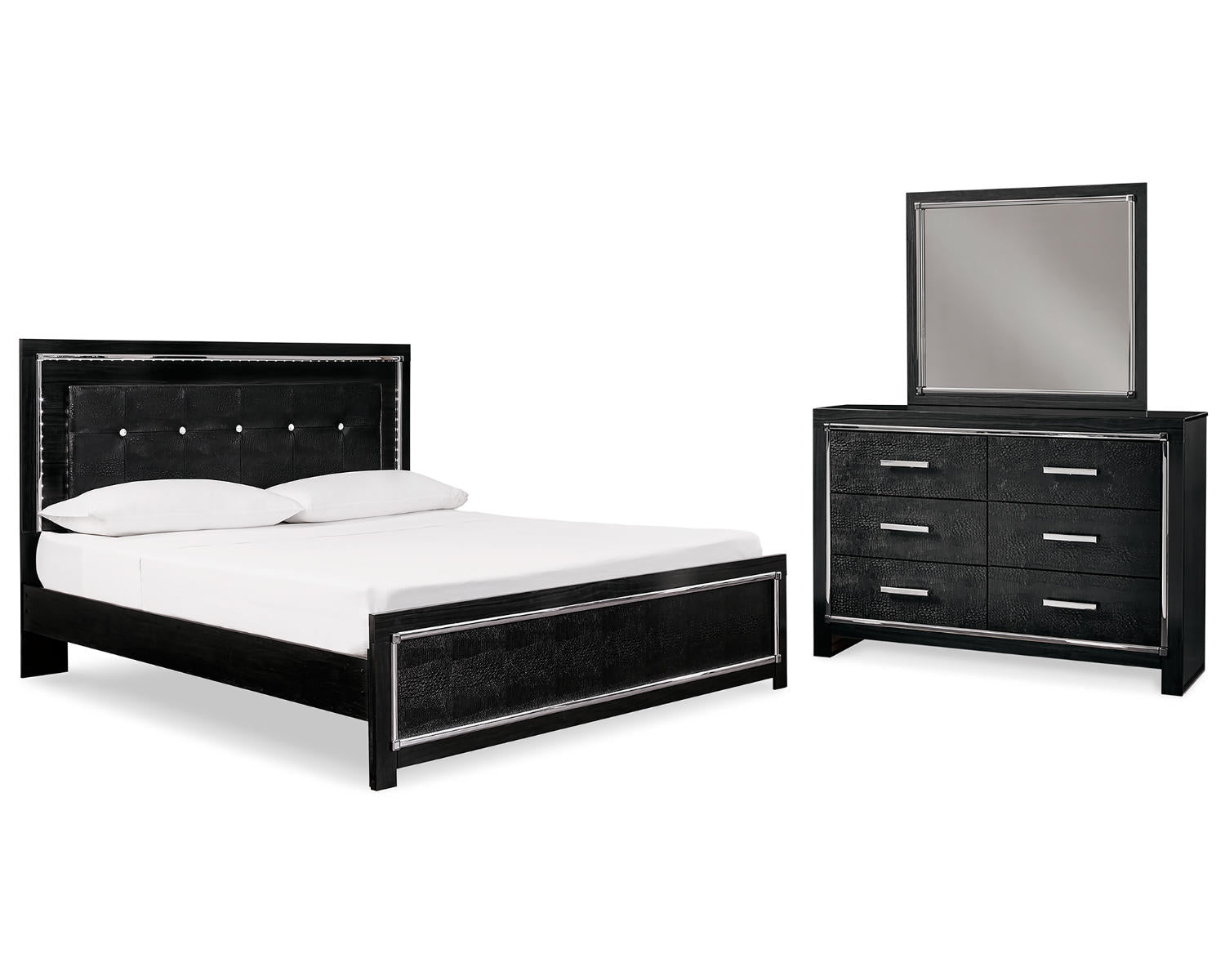 Kaydell King Upholstered Panel Bed, Dresser and Mirror